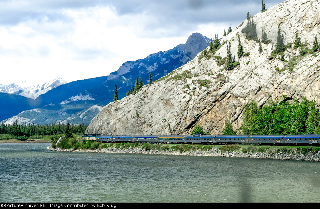 The westbound Canadian along the Athabaska River as it approaches Jasper